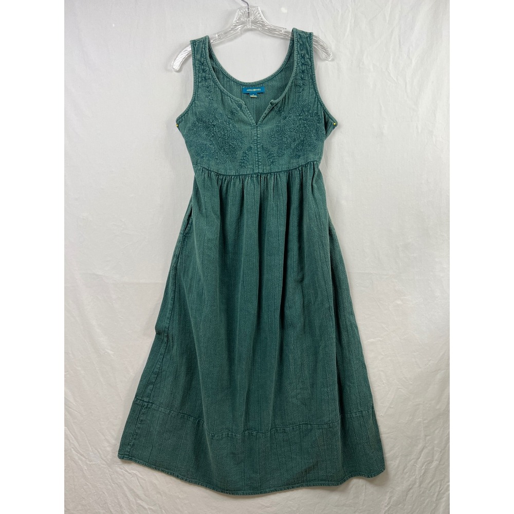 Vintage 90s April Cornell Midi Dress Womens Small Green Embossed Cotton Boho